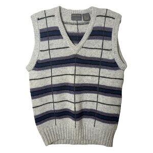 NWT Vtg 80s Wool Sweater Vest Men’s Size Small Grey Striped Preppy Robert Stock